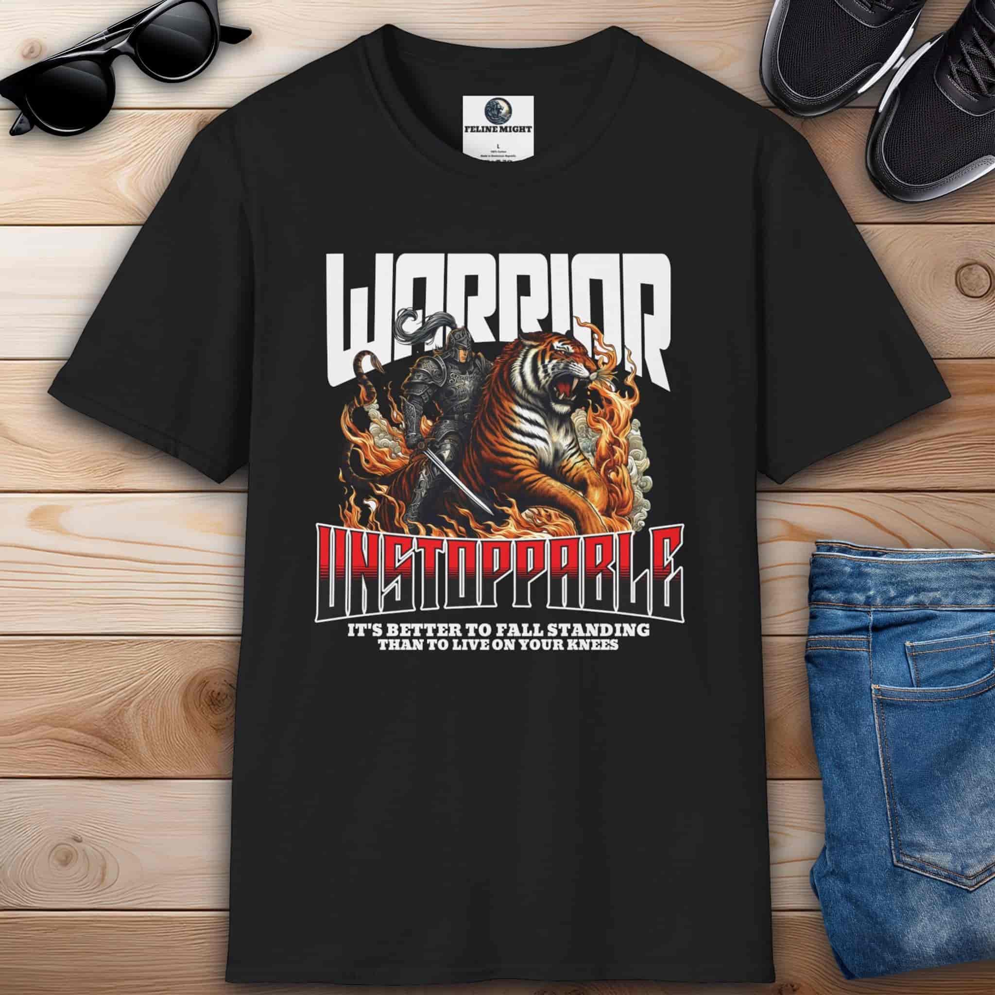 Black "Unstoppable Warrior and Tiger" T-Shirt featuring a warrior and tiger graphic with the text 'Unstoppable' and a motivational quote.
