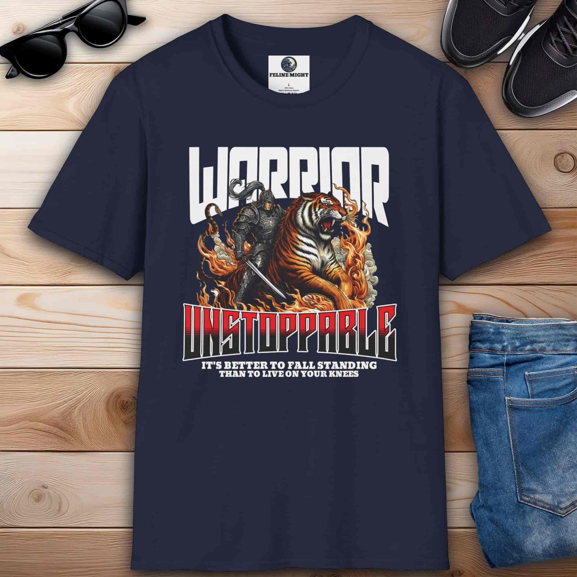 Navy blue t-shirt featuring a warrior and tiger graphic with the text 'Unstoppable' and a motivational quote.