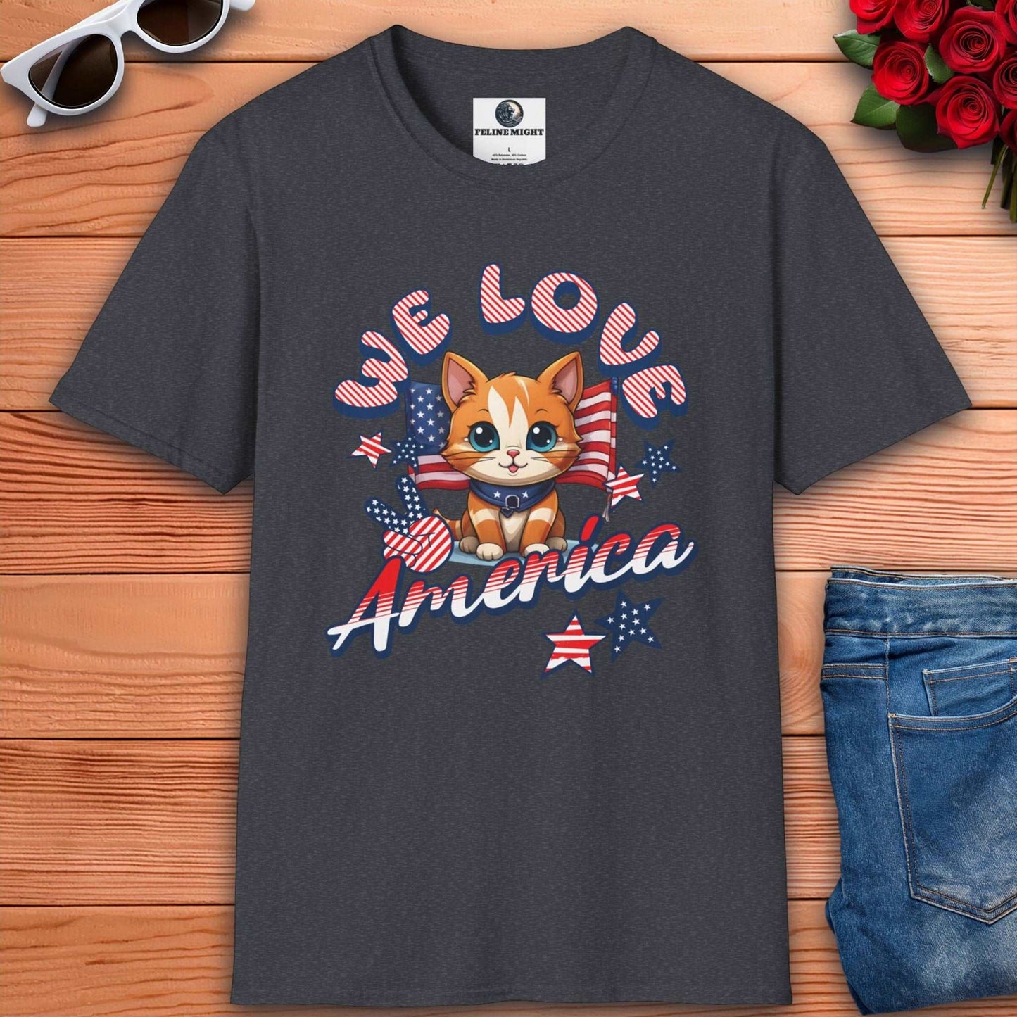 Dark heather grey t-shirt featuring cute cat design with 'We Love America' text and patriotic elements