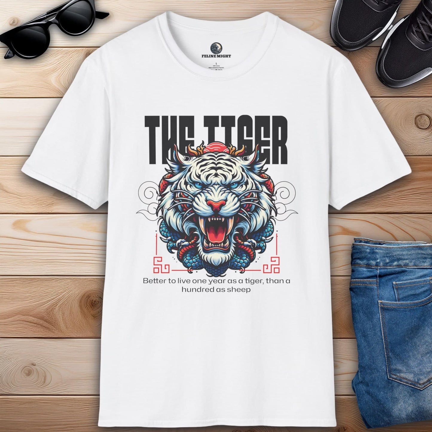 White t-shirt featuring a fierce tiger graphic and motivational quote