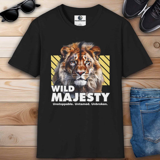 A black Wild Majesty Lion T-Shirt featuring a majestic lion illustration with the text 'Wild Majesty' and the tagline 'Unstoppable. Untamed. Unbroken.'