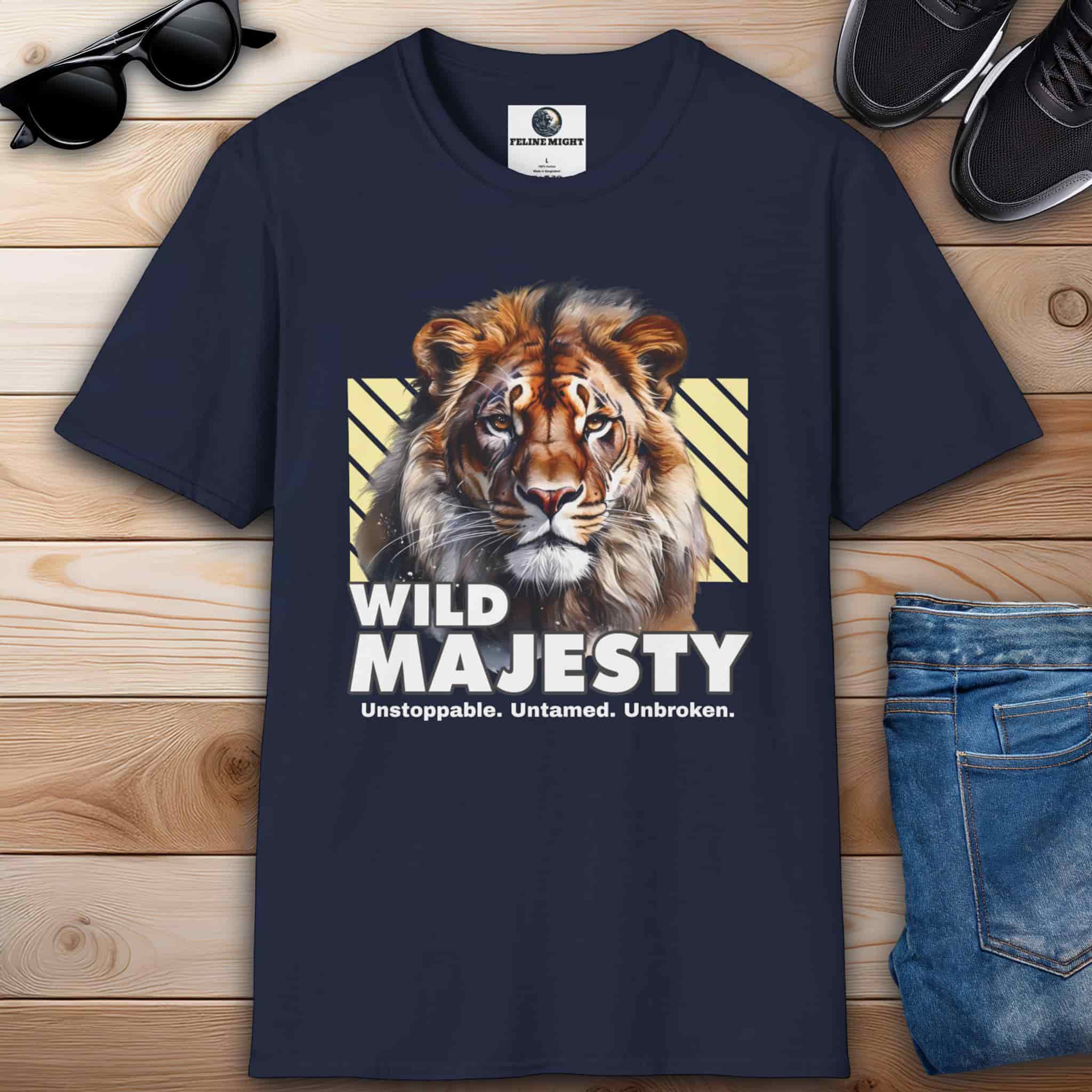 A navy blue Wild Majesty Lion T-Shirt featuring a majestic lion illustration with the text 'Wild Majesty' and the tagline 'Unstoppable. Untamed. Unbroken.'