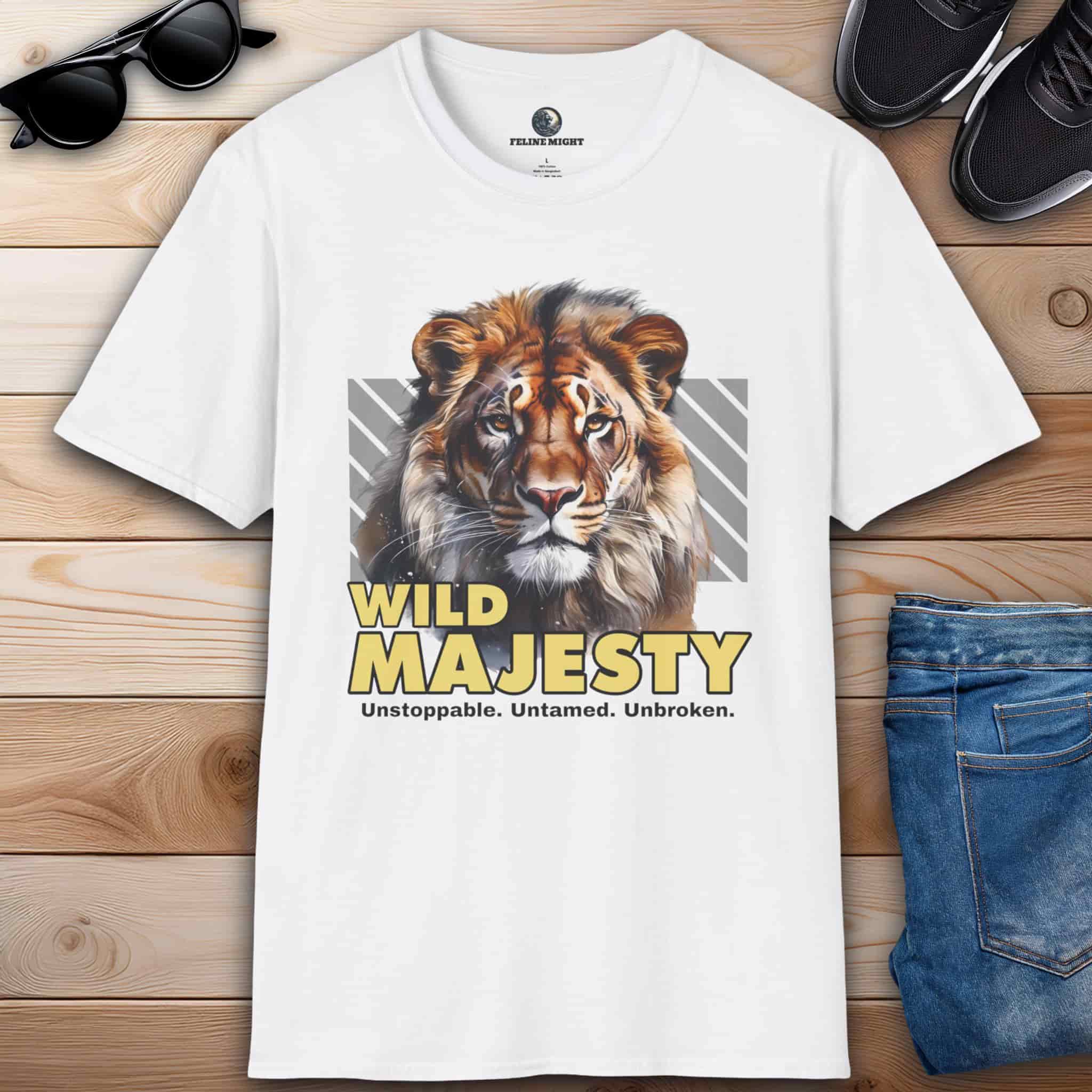 A white Wild Majesty Lion T-Shirt featuring a majestic lion illustration with the text 'Wild Majesty' and the tagline 'Unstoppable. Untamed. Unbroken.'