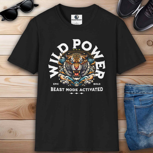 Black t-shirt featuring a fierce tiger design with the text 'WILD POWER' and 'BEAST MODE ACTIVATED'.