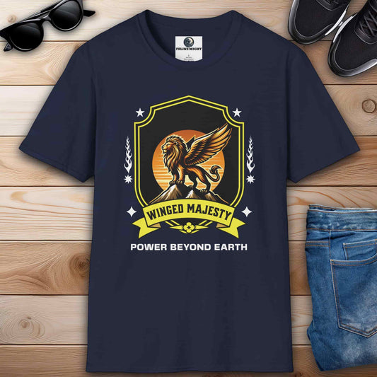 Navy blue T-shirt with a winged lion and the text 'Power Beyond Earth'