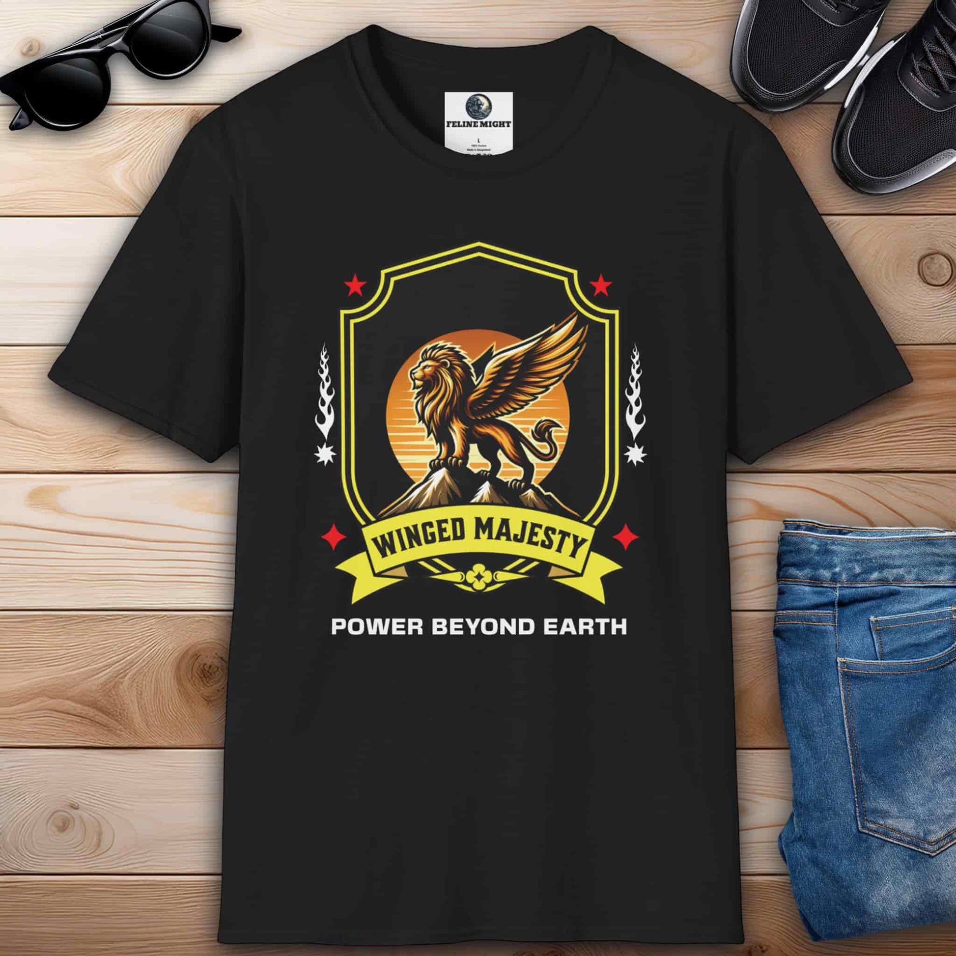 A black Winged Majesty Lion T-Shirt featuring a golden-winged lion graphic, with the phrase 'Power Beyond Earth'.