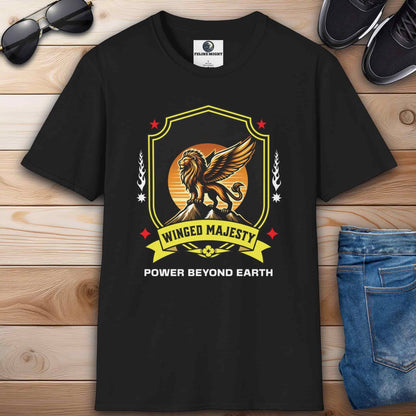 A black Winged Majesty Lion T-Shirt featuring a golden-winged lion graphic and the text 'Power Beyond Earth'.