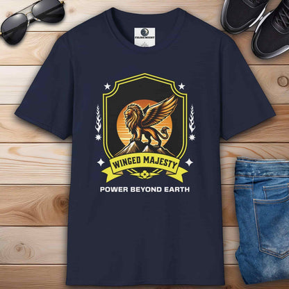 A navy blue Winged Majesty Lion T-Shirt featuring a golden-winged lion graphic and the text 'Power Beyond Earth'.