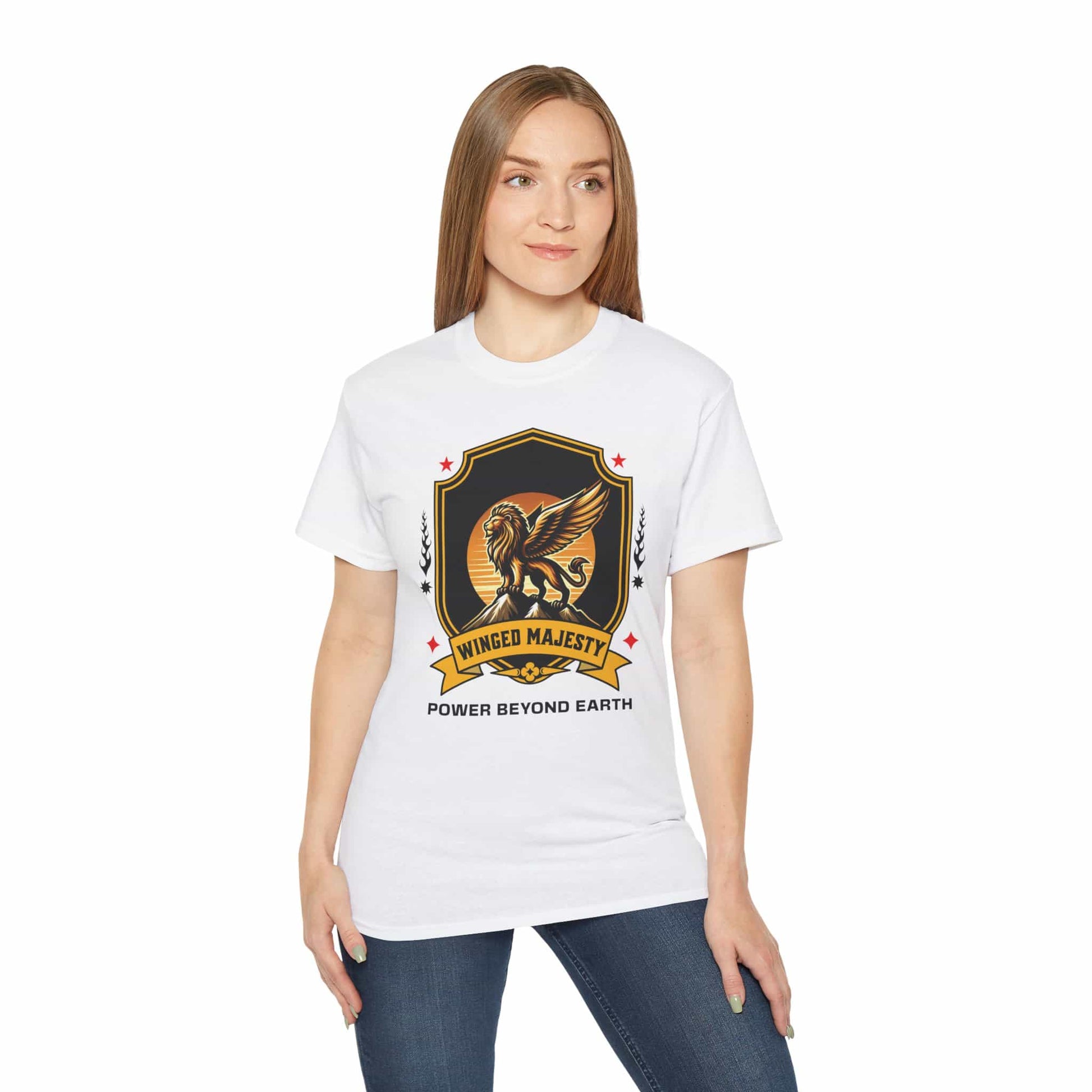 A woman wearing a white Winged Majesty Lion T-Shirt featuring a golden-winged lion graphic and the text 'Power Beyond Earth'.