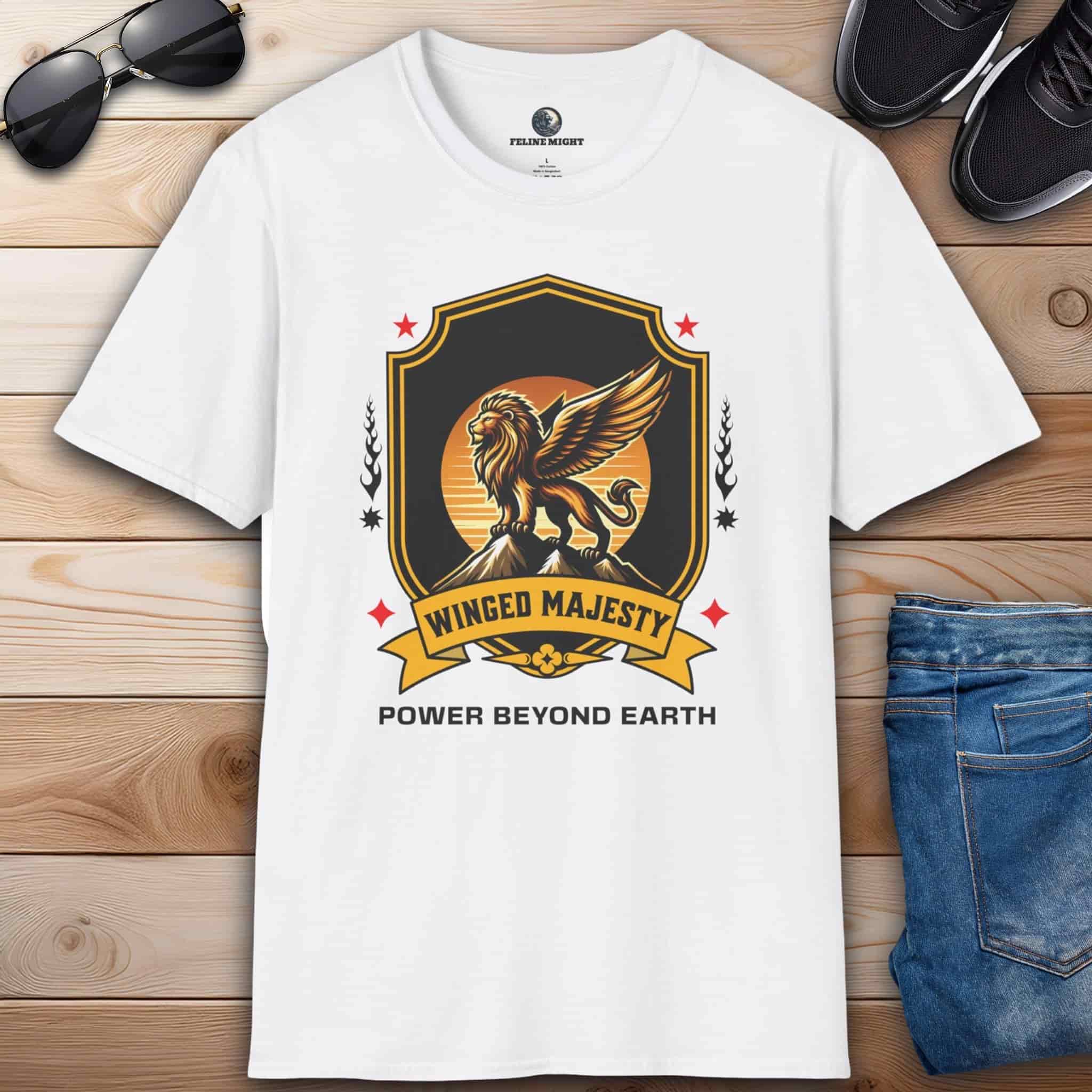 A white Winged Majesty Lion T-Shirt featuring a golden-winged lion graphic and the text 'Power Beyond Earth'.