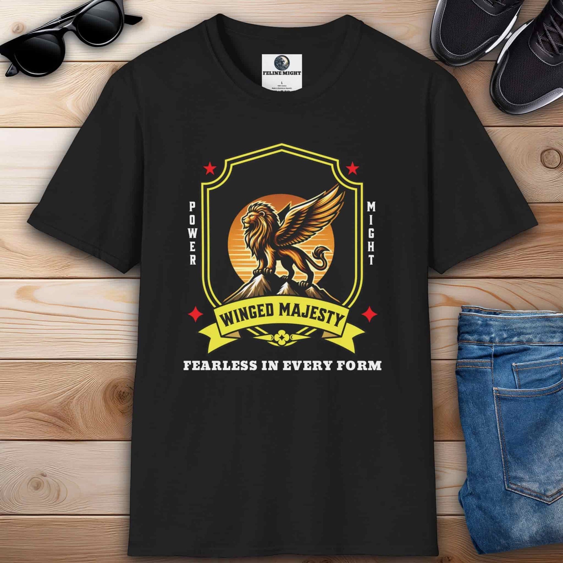 Black t-shirt featuring a lion with wings and the text 'Fearless in Every Form'