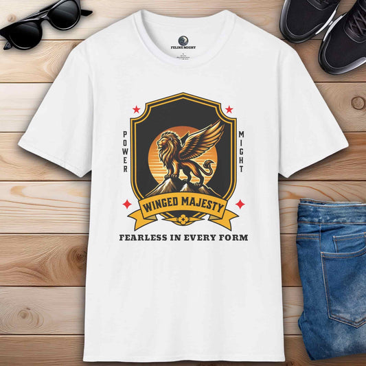 White t-shirt featuring a lion with wings and the text 'Fearless in Every Form'